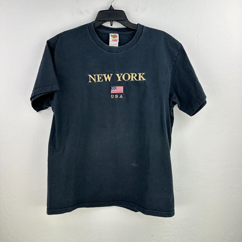 Fruit Of The Loom Tshirt Mens Large Black Cotton New York USA Flag Embroidered